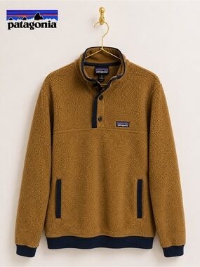 Patagonia Reclaimed Fleece Pullover Tan Navy Snap Front Size Medium